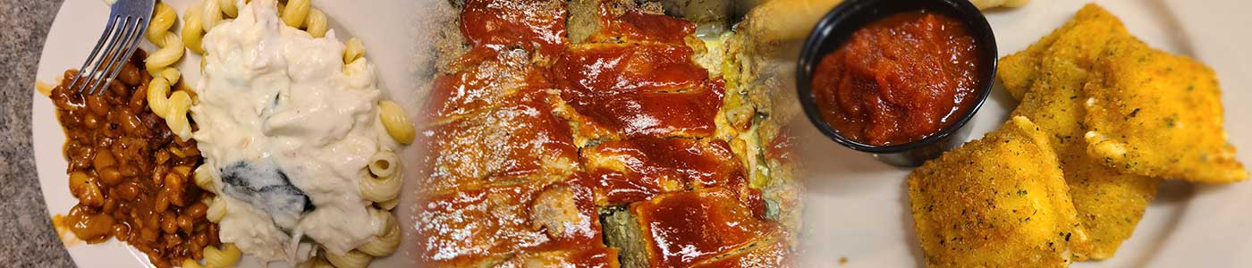 Meatloaf with mashed potatoes and green beans and Pasta Alfredo with beans Meatloaf with mashed potatoes and green beans and Pasta Alfredo with beans