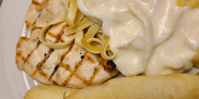 Chicken with pasta and Alfredo for lunch on Tuesday at North Country Steak Buffet